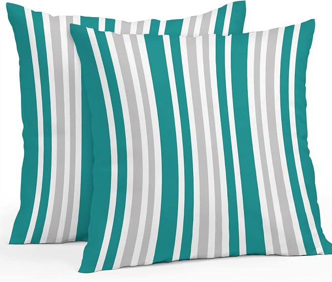 Teal Grey Stripe Outdoor Pillow Covers 16x16 Inch Throw Pillow Covers Set of 2 Waterproof Decorative Pillow Cases Farmhouse Minimalist Striped Cushion Covers for Patio Furniture Garden Couch Sofa