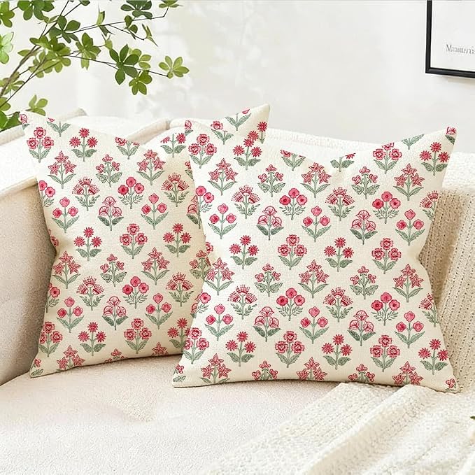 RABUSOFA Red Vintage Floral Summer Pillow Covers Set of 2,Seasonal Flower Oudtdoor Decorative Throw Cuchion Cases Spring Summer Decorations for Home Patio Couch Decor 18x18 Inch