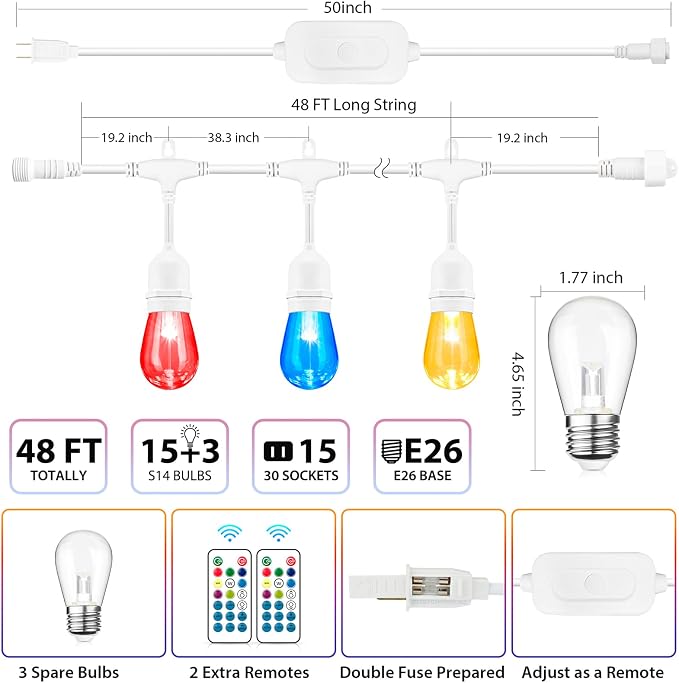 Multicolor 48FT LED Outdoor Patio String Lights with Remote, White | Plug in, 8 Lighting Modes, 15+2 S14 RGB Edison Bulbs, Dimmable, Shatterproof, Waterproof, Linkable, for Wedding Birthday Yard