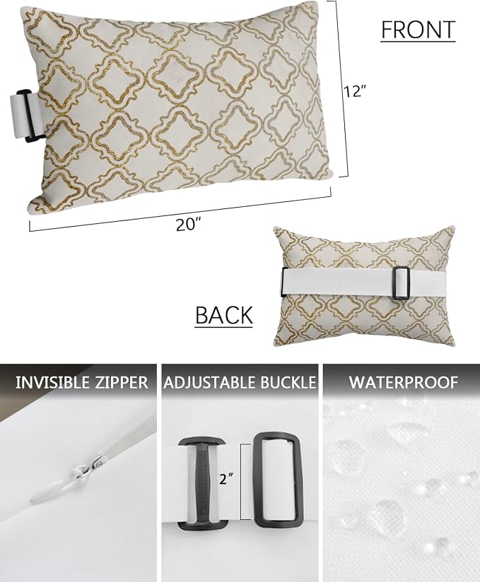 Outdoor Pillows Waterproof Covers Set of 2, Geometric Lines Adjustable Elastic Chaise Lounge Head Resting Pillows, Luxury Golden Linen Lumbar Pillow for Pool Beach Patio Furniture 20x12 Inch