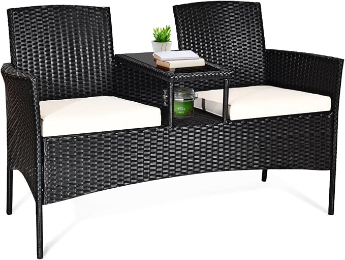 HAPPYGRILL Rattan Wicker Loveseat with Coffee Table Outdoor Patio Loveseat Conversation Sofa Furniture with Cushions for Garden Lawn Backyard Porch