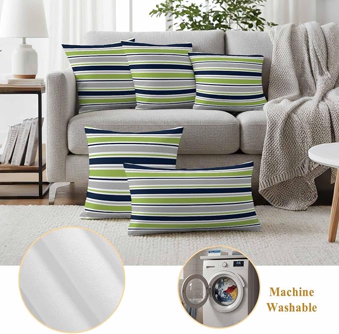 Lumbar Pillow Covers 12 x 20 Inches, Green Gray Striped Waterproof Throw Pillow Cover Set of 2, Farmhouse Stripes Modern Abstract Art Decorative Rectangle Cushion Covers for Patio/Couch/Garden