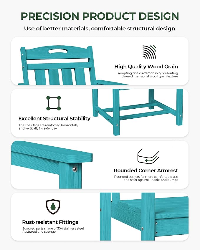 Set of 2 Weatherproof Patio Chairs - HDPE Outdoor Dining Chairs with Wide Seat, Ergonomic Design - for Garden, Backyard, Deck - Lake Blue