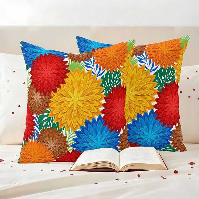 Red Yellow Blue Flowers Outdoor Pillow Covers Waterproof, All Weather Cushion Case Set of 2, Boho Colorful Floral Plant Decorative Pillowcases for Sofa Couch Bed Decor Patio Furniture 20"x20"
