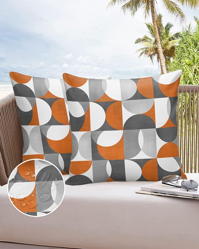Vandarllin Outdoor Throw Pillows Covers 20x20 inch Set of 2 Waterproof Mid Century Geometric Decorative Zippered Cushion Covers for Patio Furniture, Abstract Modern Orange Lumbar Pillowcases