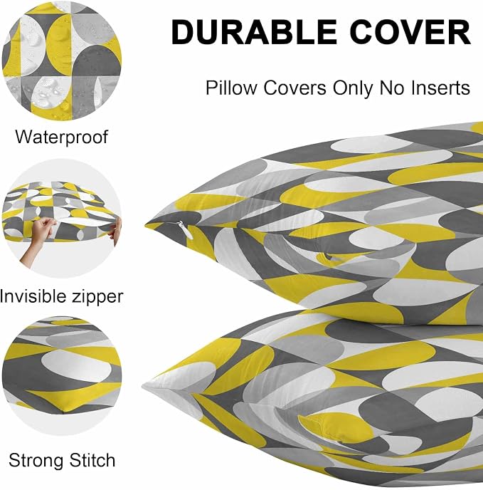 Vandarllin Outdoor Throw Pillows Covers 26x26 inch Set of 2 Waterproof Mid Century Geometric Decorative Zippered Cushion Covers for Patio Furniture, Abstract Modern Yellow Gray Lumbar Pillowcases