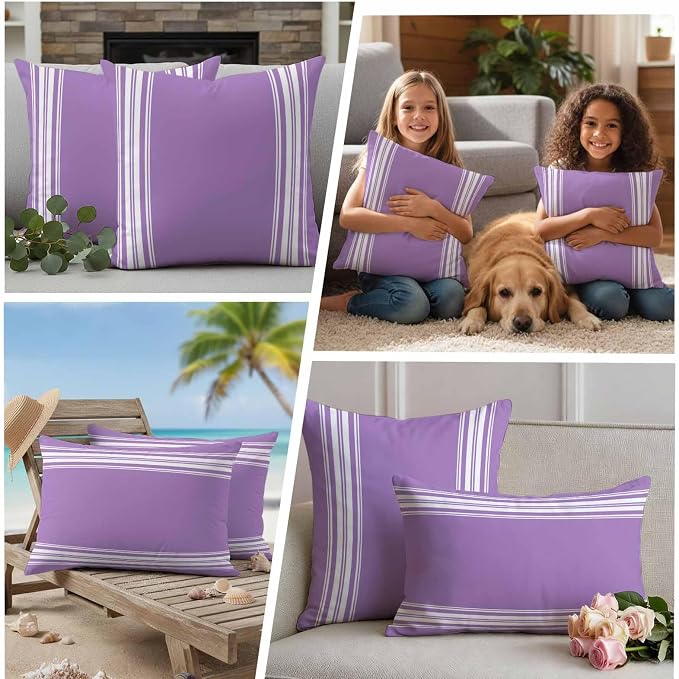 Outdoor Pillow Covers 20x20 Set of 2 Purple Stripes Outdoor Pillows Waterproof Throw Pillow Covers French Stripe Farmhouse Style Pillowcases Decorative Case for Patio Cushion