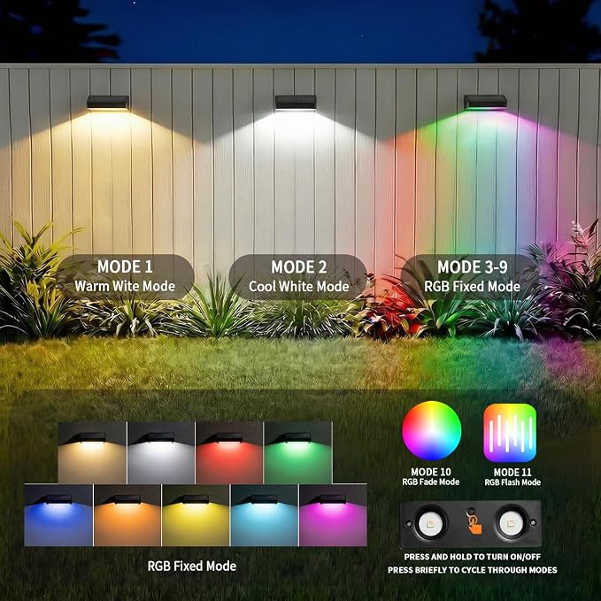 JOFIOS Solar Lights for Fence, 9 Fixed Colors ＆ Color Changing Solar Wall Lights Outdoor Waterproof IP65 Dusk-to-Dawn LED Deck Lighting for Patio, Railing, Pool, Porch, Backyard, Wall, 16 Pack