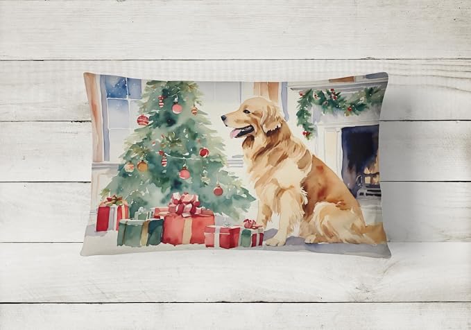 Caroline's Treasures DAC2665PW1216 Golden Retriever Cozy Christmas Throw Pillow Machine Washable, Indoor Outdoor Decorative Pillow for Couch, Bed or Patio, 12HX16W