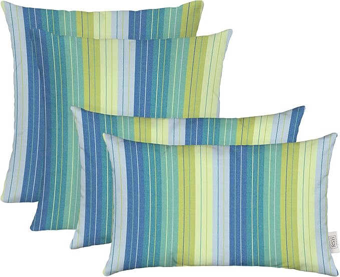 RSH DECOR: Sunbrella Lumbar & Square Pillows Set of 4 | 20" x 12" & 17" x 17" | Water and Fade-Resistant Performance Fabric | Outdoor Throw Pillows for Patio Furniture | Seville Seaside
