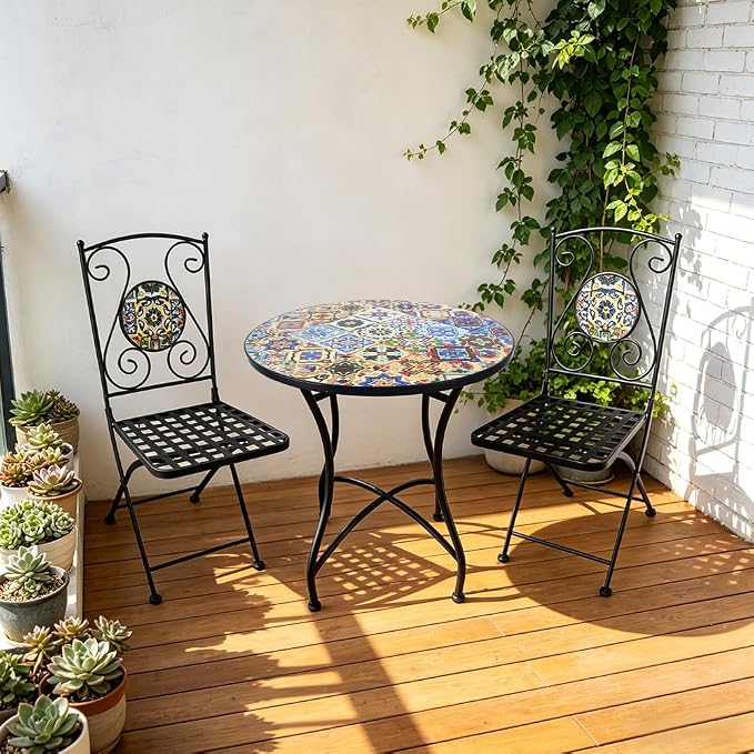 Folding Patio Chairs Set of 2 Mosaic Bistro Chair Outdoor Seating | Garden Patio Furniture Seating Heavy Duty Metal Frame Dining Chairs for Lawn Yard Balcony Porch Backyard Poolside