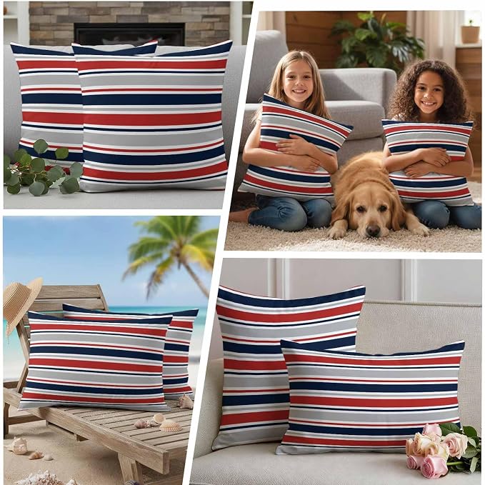 Outdoor Pillow Covers 26 x 26 Inches, Red Navy Blue Striped Waterproof Throw Pillow Cover Set of 2, Farmhouse Stripes Modern Abstract Art Decorative Square Cushion Covers for Patio/Couch/Garden
