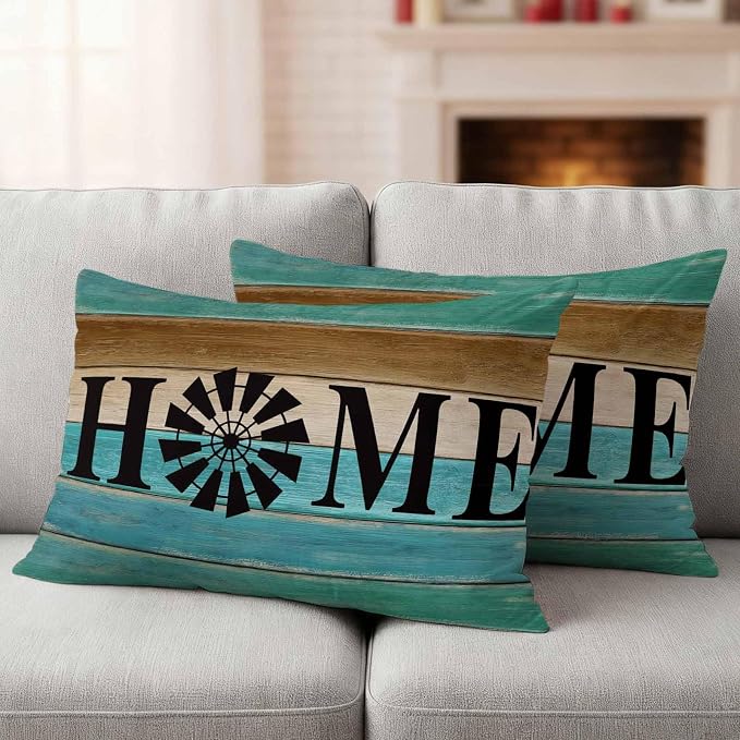 Outdoor Pillow Covers Set of 2, Home Farm Retro Wood Board Decorative Throw Pillow Covers 20X12IN, Teal Gradient Wooden Throw Pillows Protector Cushion Case for Patio,Couch,Sofa,Garden