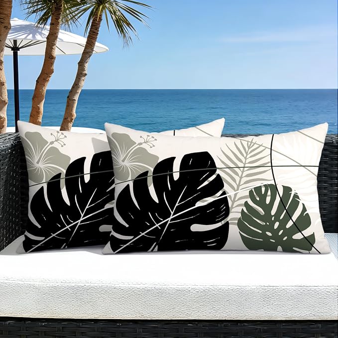 OTOSTAR Outdoor Waterproof Throw Pillow Covers 12x20 Inch Set of 2 Double-Sided Black Grey Tropical Leaf and Flower Spring Summer Decorative Pillow Cases for Patio Funiture Garden Balcony Couch