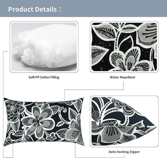Outdoor Lumbar Pillows 12x20 inch, Rectangle Throw Pillows with Inserts, Decorative Lumbar Cushions for Patio Furniture Garden Couch Home Sofa Office Chair, Pack of 2,Flower Black