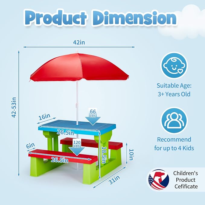 Kids Table and Chair Set, Toddler Plastic Outdoor Table & Bench Set with Removable Umbrella, Children Picnic Table Fits 4 Children for Backyard Garden, Red & Green & Blue