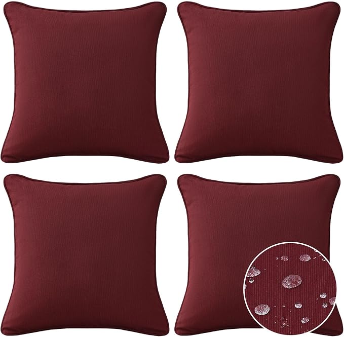 Unimatta Sunbrella Decorative Outdoor Water Repellent Throw Pillows with Inserts, Set of 4, 18" x18" Pillows for Patio, Backyard, Bed, Couch, and Patio Furniture, Spectrum Ruby