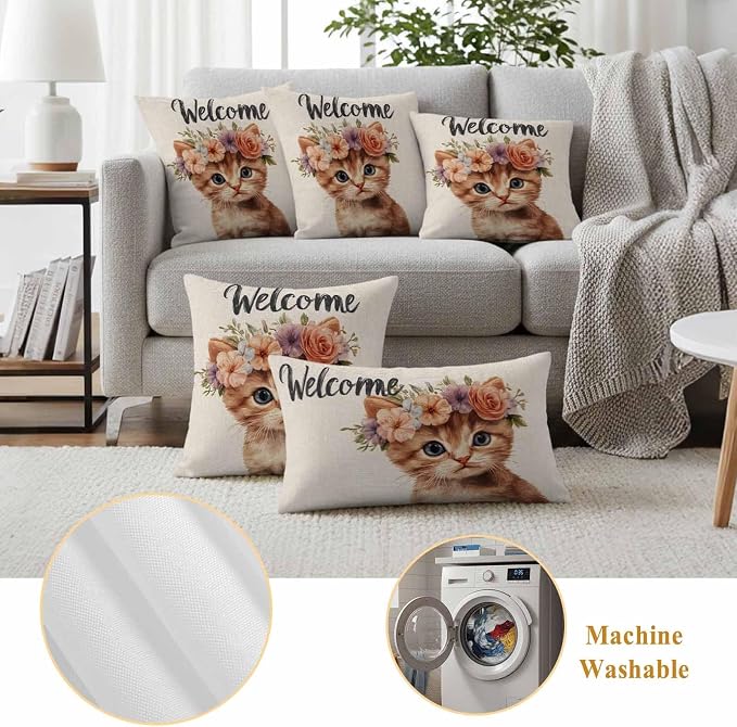 Cute Cat Outdoor Waterproof Throw Pillow Covers Set of 2, 18"x18", Garland Welcome Retro Decorative Pillow Covers Outside Cushion Case for Patio Porch Garden