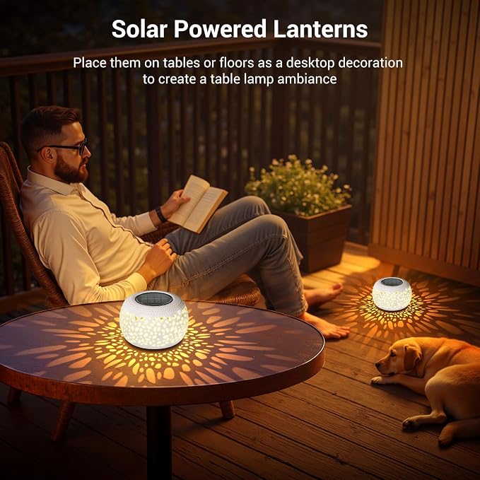 Solar Lanterns Outdoor Waterproof Lights: 2Pack White Hollow Out Metal Table Light, Outside Garden Yard Balcony Indoor Tabletop Lighting Decorations, Unique Gardening Gifts for Women Mom