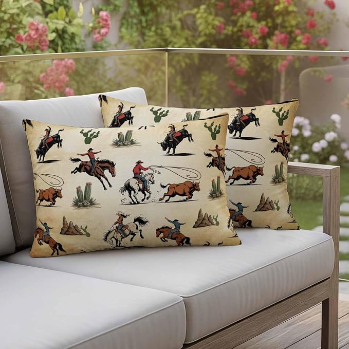 Western Cowboys Outdoor Pillow Covers Waterproof, All Weather Cushion Case Set of 2, Brown Vintage Country Cactus Lumbar Pillowcase for Sofa Couch Bed Decor Patio Furniture 20"x12"