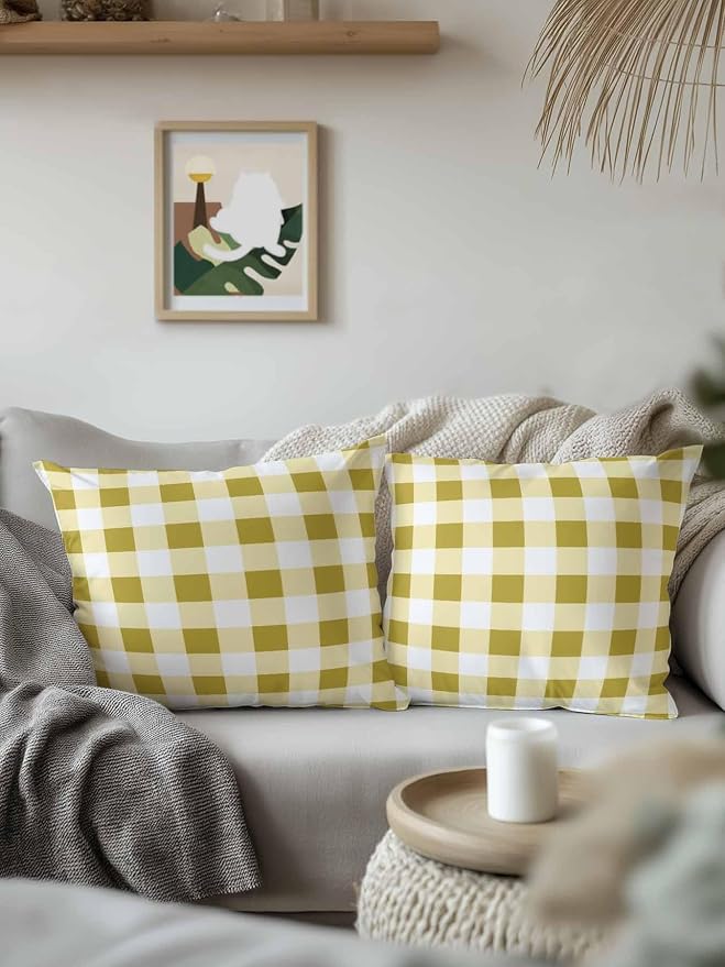 Waterproof Outdoor Pillow Set of 2 Buffalo Plaid Decorative Throw Pillows Cover & Insert 16x16 Inch Pillowcase Yellow Check Lines Square Pillows for Couch Sofa Bed Patio Furniture Indoor Outdoor