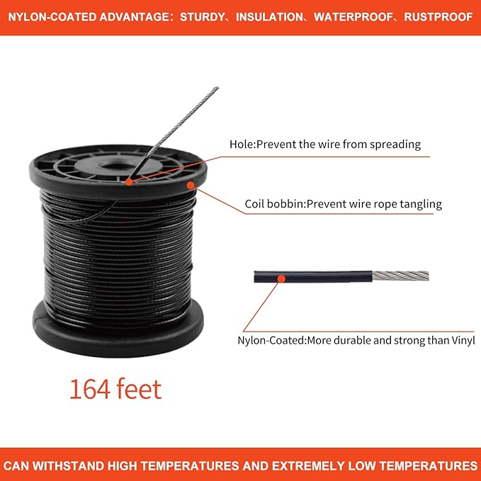 Outdoor String Light Hanging Kit Includ 164 FT Nylon Rope Cable | 304 Stainless Steel Turnbuckle & Hooks,Globe Light Suspension Kits,Patio Lights Guide Wire,Enough Accessories,Use Manual