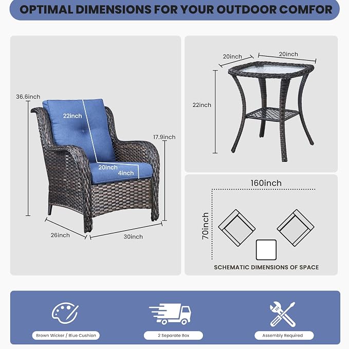 Belord Outdoor Furniture Set Patio Wicker Chairs, 3 Peices Porch Rattan Furniture with Side Table, Deep Seating Patio Bistro Chair Sets (Blue Cushion)