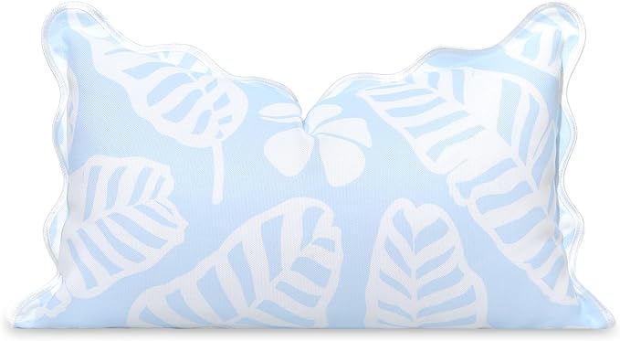 Hofdeco Premium Grandmillennial Coastal Hampton Patio Indoor Outdoor Lumbar Pillow Cover Only, 12"x20" Water Repellent for Backyard, Couch, Poolside, Baby Blue Print Palm Leaves and Hisbucs Flowers