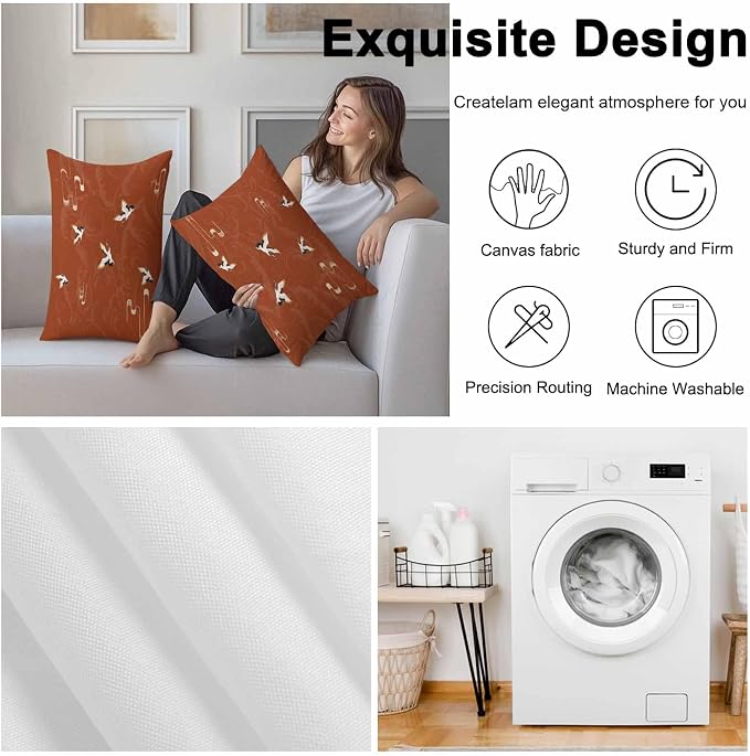 Japanese Style Outdoor Pillow Covers 20x12 Inch Lumbar Pillow Covers Set of 2 Waterproof Decorative Throw Pillow Cases Vintage Art Cranes Ocean Wave Red Cushion Covers for Patio Furniture Garden Couch