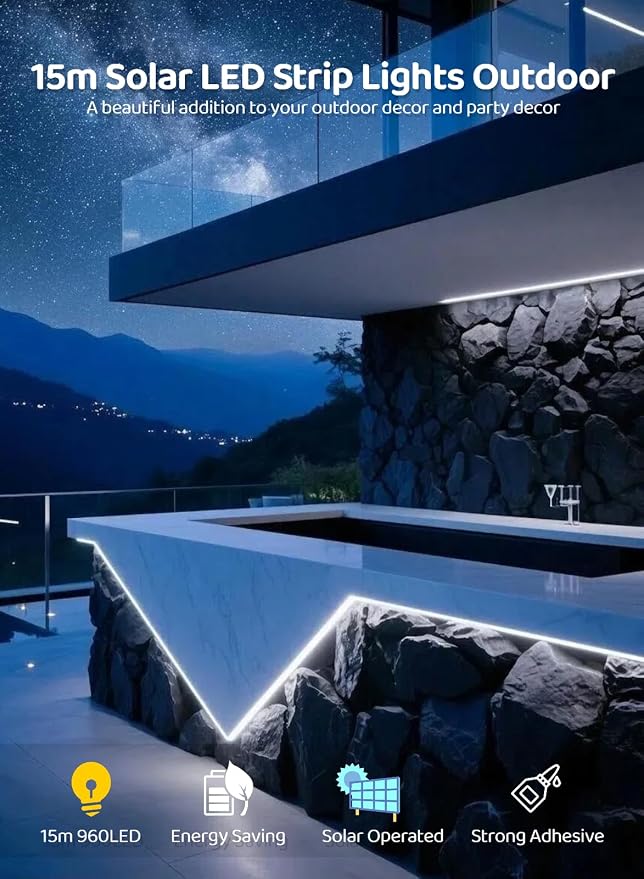Gaoxun 50ft Solar LED Strip Lights Outdoor, 960 LED, Cool White Flexible Rope Light with Remote Control, Dimmable, 8 Modes, IP68 Waterproof Self-Adhesive Accent Lighting for Step Camping Pathway Decor