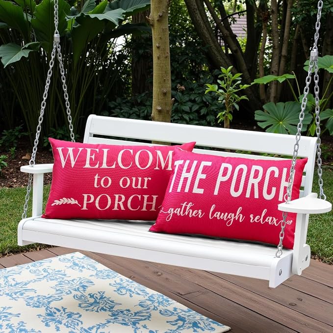 Porch Decor Pink Outdoor Lumbar Pillow Covers Waterproof 12x20 for Patio | Set of 2, Porch Decorations Outdoor, Porch Pillows, Outdoor Pillows Waterproof, Outdoor Pillows for Patio Furniture