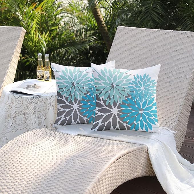 DFXSZ Pack of 2 Outdoor Waterproof Throw Pillow Covers 18x18 LightBlue Grey | Polyester Colorful Spring Summer Floral Decorative Cushion Cases(NO INSERT),For Couch Patio Funiture Garden Home Decor