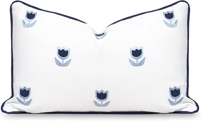 Hofdeco Premium Coastal Patio Indoor Outdoor Lumbar Pillow Cover Only, 12"x20" Water Repellent for Backyard, Couch, Navy Blue Embroidered Tulips Floral with Piping