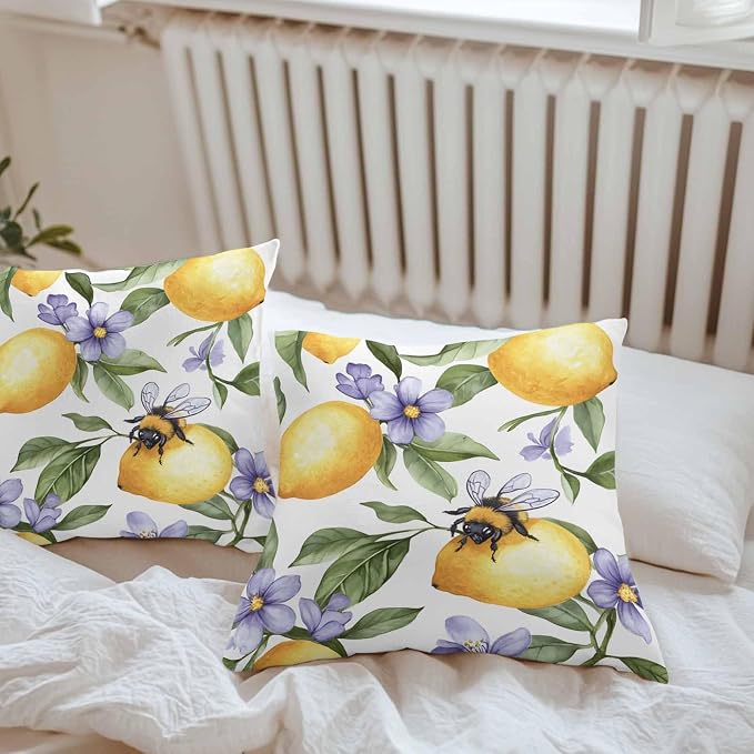 Summer Lemon Waterproof Outdoor Pillow Covers Set of 2 Home Decor, Watercolor Purple Spring Floral Bee Pillowcase Patio Pillow Covers for Couch Bench Furniture Garden 18x18in