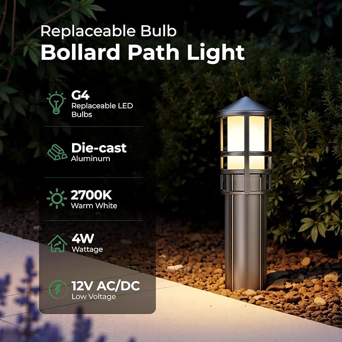 Low Voltage Landscape Pathway Lights, Replaceable G4 Bulb 12V 4W 2700K Outdoor LED Landscape Lighting, Aluminum Waterproof Walkway Lighting, Bollard Path Lights Wired, Bronze 6 Pack