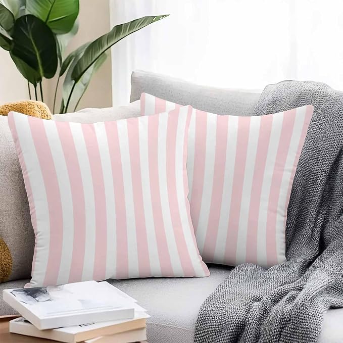 Pink Striped Outdoor Waterproof Throw Pillow Covers 24x24 Set of 2, Modern Farmhouse Pink White Stripes Decorative Pillowcases Cushion Pillowcase for Couch Sofa Patio Outside Pillow Protector