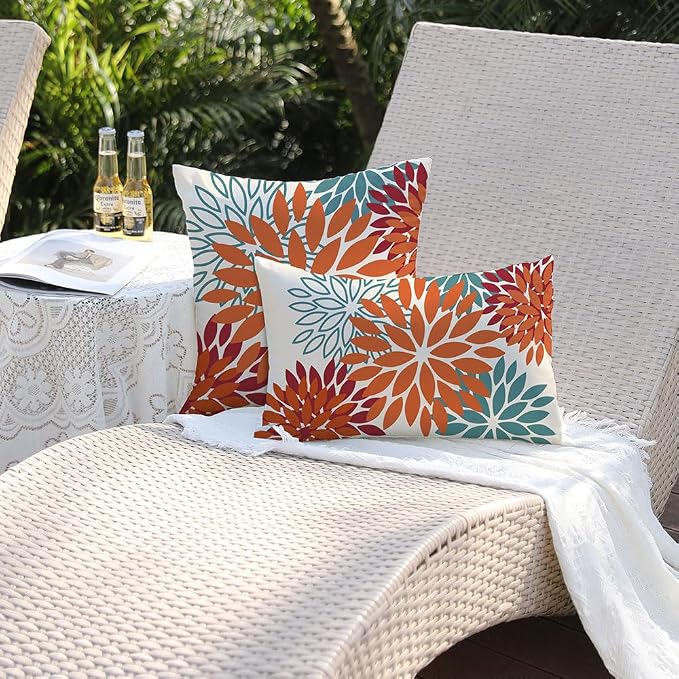 DFXSZ Outdoor Waterproof Pillow Covers 12x20 Set of 2 Orange Teal Flower | Spring Summer Waterproof Flower Throw Pillowcases（No Inserts）Outdoor Decor for Fall Patio Funiture Garden Polyester Covers
