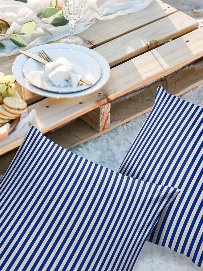 Outdoor Waterproof Throw Pillow Covers Set of 2 Navy Blue Stripes Pillowcases 16x16 Inches Linen Classic Vertical Striped Patio Decorative Pillows Cushion Case Patio Pillows for Couch Bed Chair Garden
