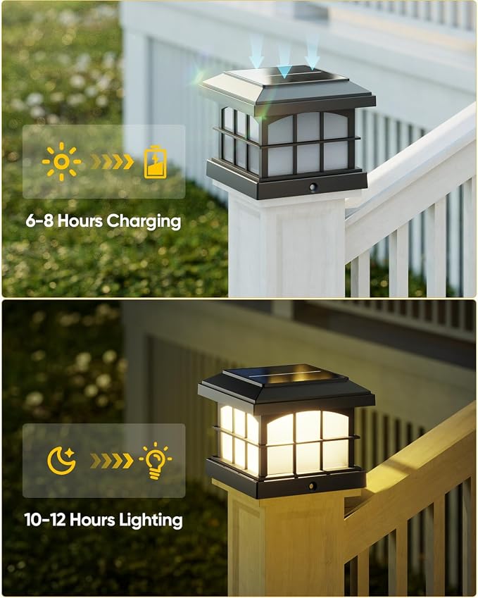 RGBCW Solar Post Cap Lights 12-Pack, 9 Colors 3 Modes Fence Cap Lights, Bright Solar Outdoor Waterproof LED Deck Lighting for Fence Garden Deck Patio Porch Decor 4x4 Vinyl/Wood, Black
