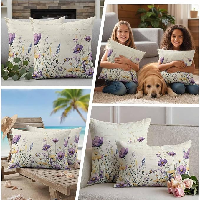Spring Floral Outdoor Waterproof Throw Pillow Covers Set of 2, 18"x18", Purple Yellow Flower Leaves Retro Letter Texture Decorative Pillow Covers Outside Cushion Case for Patio Porch Garden