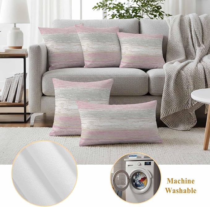 Outdoor Waterproof Throw Pillow Covers, Vintage Pink Grey Decorative Pillow Cases, Farmhouse Barn Wooden Striped Couch Pillow Protector Patio Sofa Cushion Covers Replacement 16"x16" 2 Pack