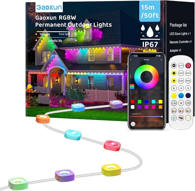 Gaoxun 50ft Permanent Outdoor Lights, RGBW Smart Outside Lights with 30 LED, APP/Remote Control, Dimmable, 47 Scene Modes, Timer, IP67 Waterproof Eaves Lighting for Daily Holiday Christmas Decorations