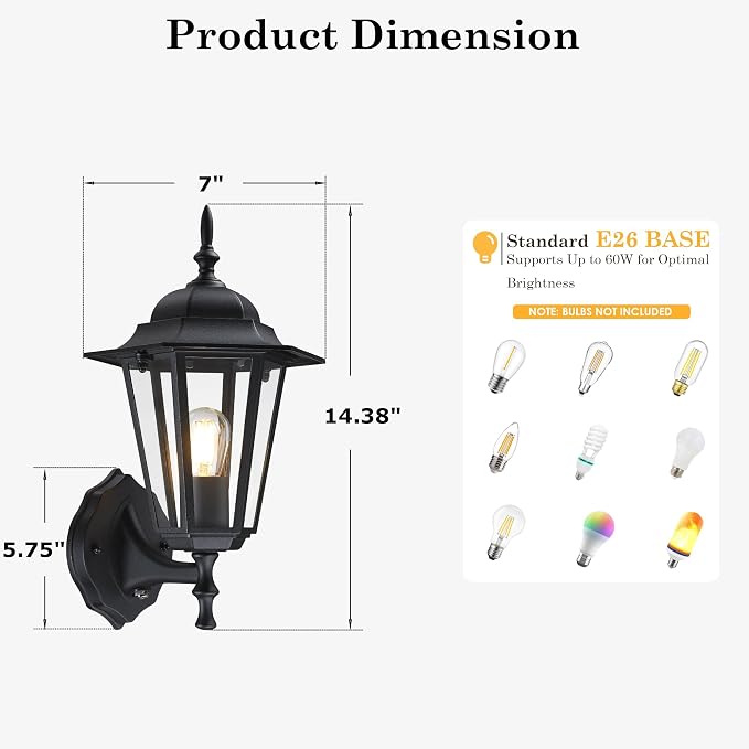 GRUENLICH Outdoor Wall Light Fixture, Rustproof Aluminum, Glass | Dusk to Dawn Exterior Porch Light Wall Sconce Lantern for House, Patio, Garage, Waterproof, E26 Socket 60W Max, Black, 1 Pack