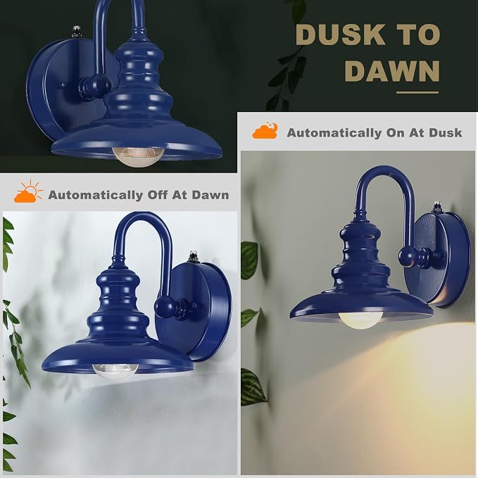 Dusk to Dawn Sensor Outdoor Gooseneck Barn Light Fixtures Blue | Exterior Wall Sconce Lighting Rustic Outside Porch Lantern Farmhouse Wall Mount Lamp for House Garage Patio