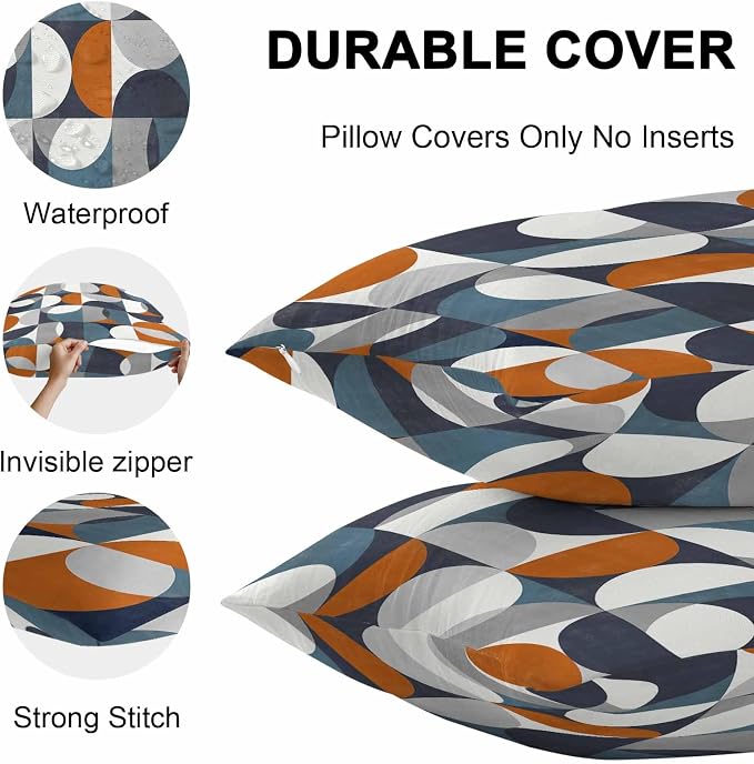 Vandarllin Outdoor Throw Pillows Covers 26x26 inch Set of 2 Waterproof Mid Century Geometric Decorative Zippered Cushion Covers for Patio Furniture, Abstract Modern Orange Blue Lumbar Pillowcases