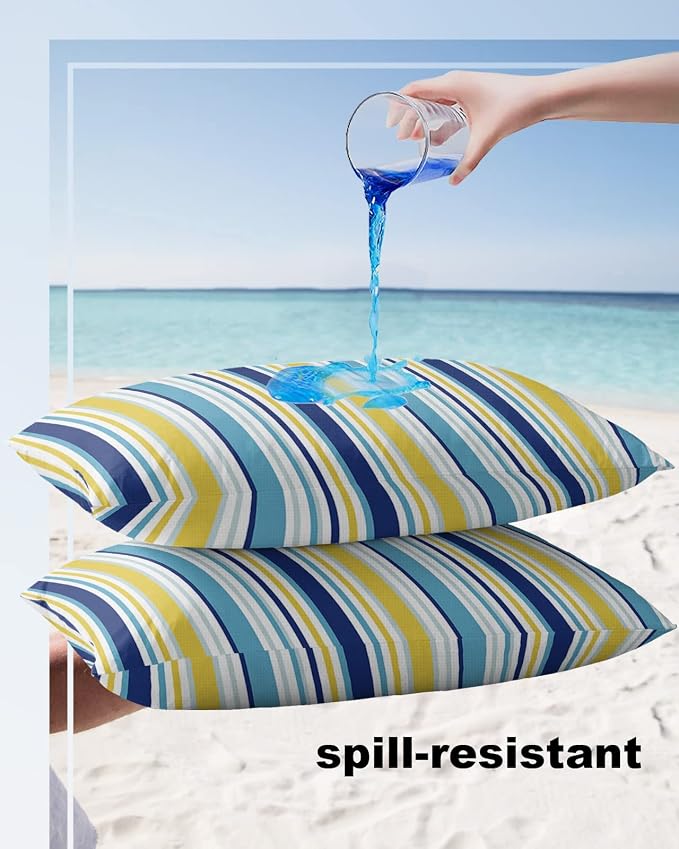 Blue Yellow Striped Outdoor Waterproof Pillow Covers, Farmhouse Navy Blue Ombre Stripes Decorative Rectangle Throw Pillowcase Sofa Cushion Sham for Patio/Couch/Chair, 20"x12" 2 Pack