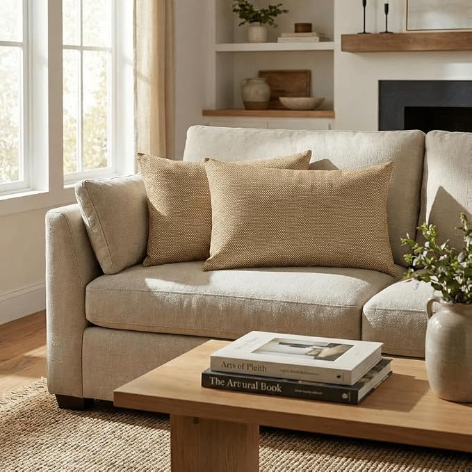 RSH DECOR: Designer Select Sunbrella Jumbo Lumbar Pillows Set of 2 | 26" x 16" | Water and Fade-Resistant Performance Fabric | Indoor Outdoor Accent Pillows | Made in USA (Sailcloth Sienna Tan)