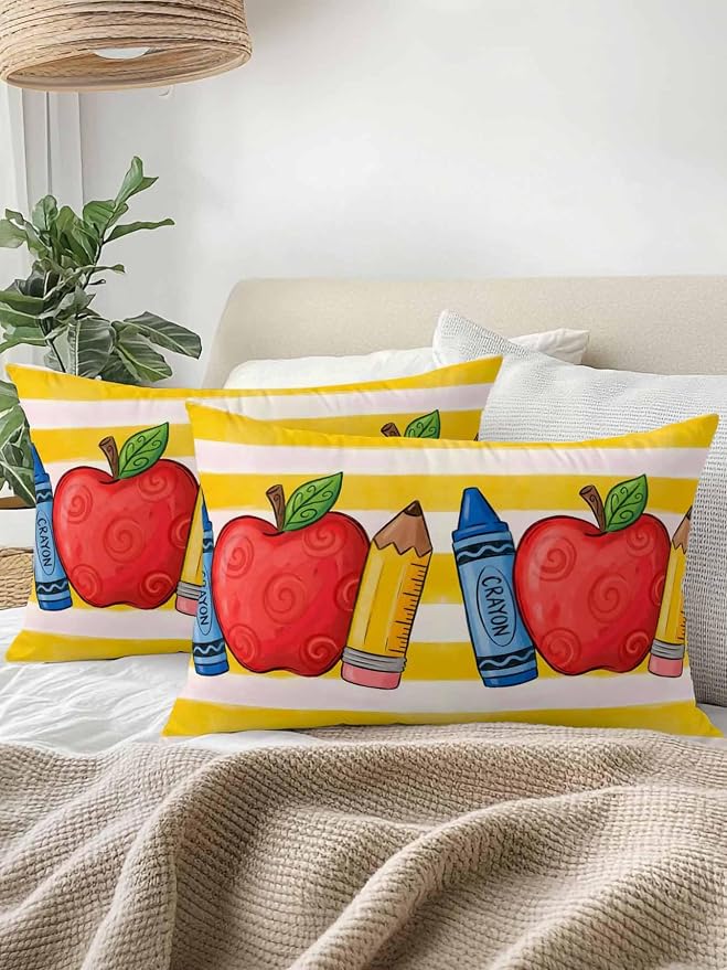 Outdoor Throw Pillow Set of 2, Children's Day Waterproof Pillow with Insert Included, Funny Cartoon Pencil Yellow Striped Decorative Accent Cushion Lumbar Pillows for Patio Porch, 12 x 20 in