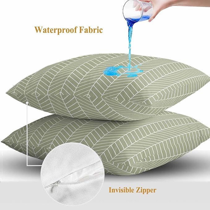 Outdoor Waterproof Throw Pillow Covers Set of 2 Sage Green Chevron Stripes Pillowcases 26x26 Inches Modern Geometric Texture Decorative Pillows Cushion Case Patio Pillows for Couch Bed Chair Garden