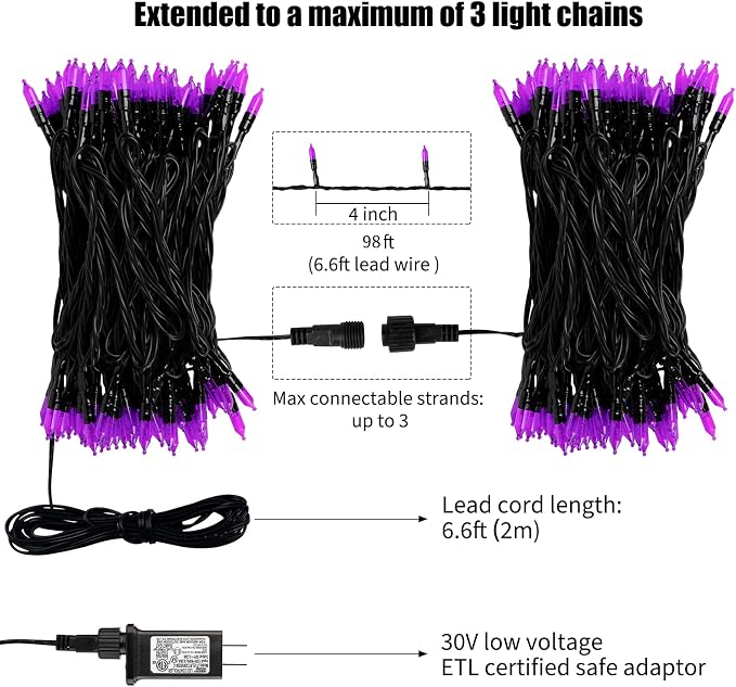 Minetom Halloween String Lights Outdoor, 98 Feet 300 Led Christmas Lights with 8 Lighting Modes for Halloween Party Christmas Xmas Tree Lights Decor(Purple) | 8 Lighting Modes, Christmas Mini Lights for Home Door Window Decor Halloween Christmas Party ...